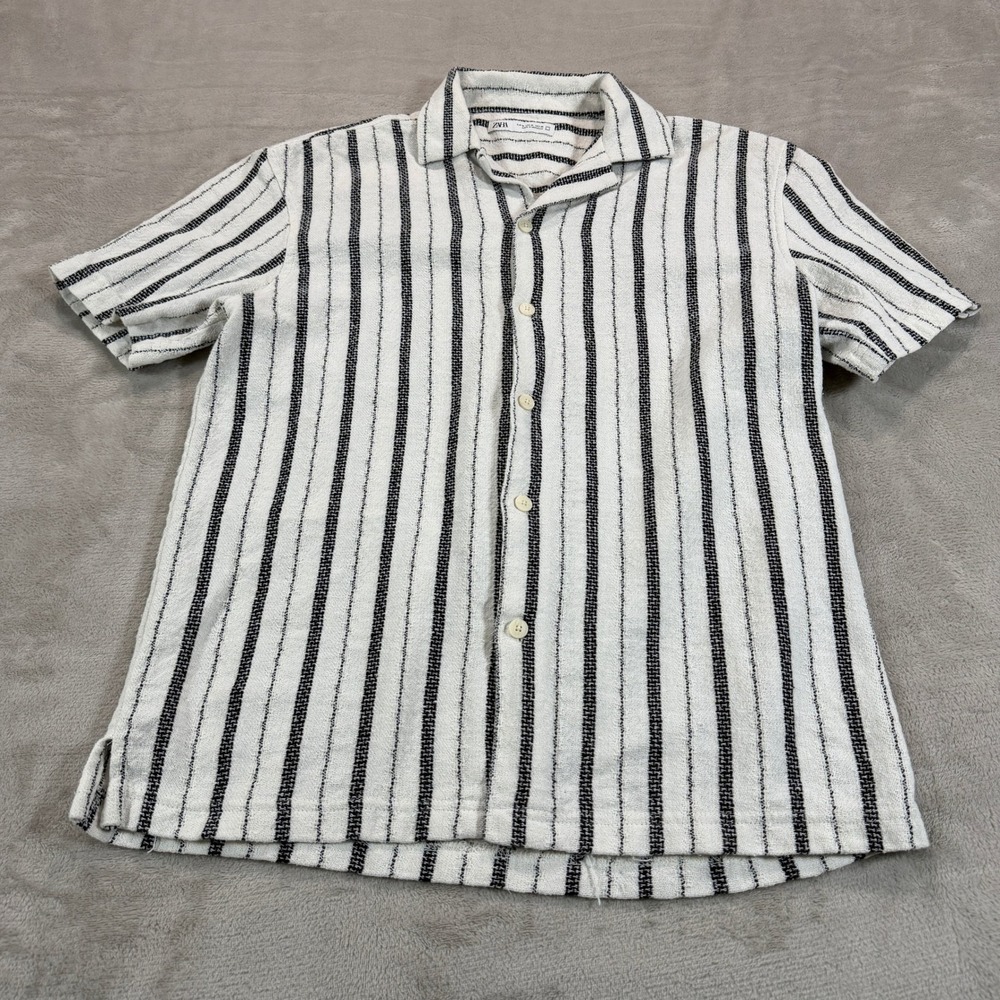 Zara Mens Medium Black White Striped Textured Short Sleeve Camp Collar Shirt